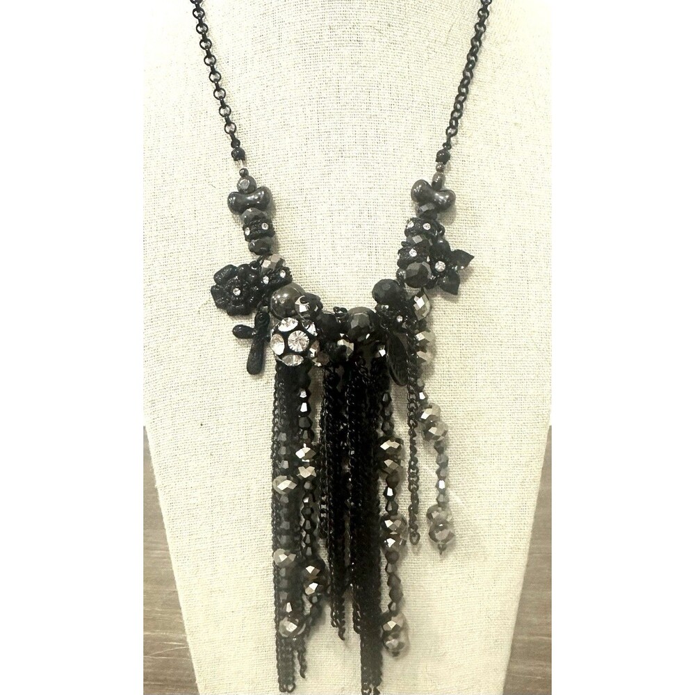 Black Gunmetal Statement Necklace Tassel Fringe Hematite Beads Rhinestones